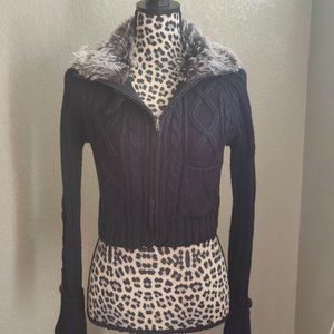 Black Faux Fur Collar Cropped Cardigan